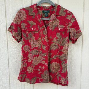 Lauren Ralph Lauren Linen Camp Shirt Women's Small Petite Red Floral Utility